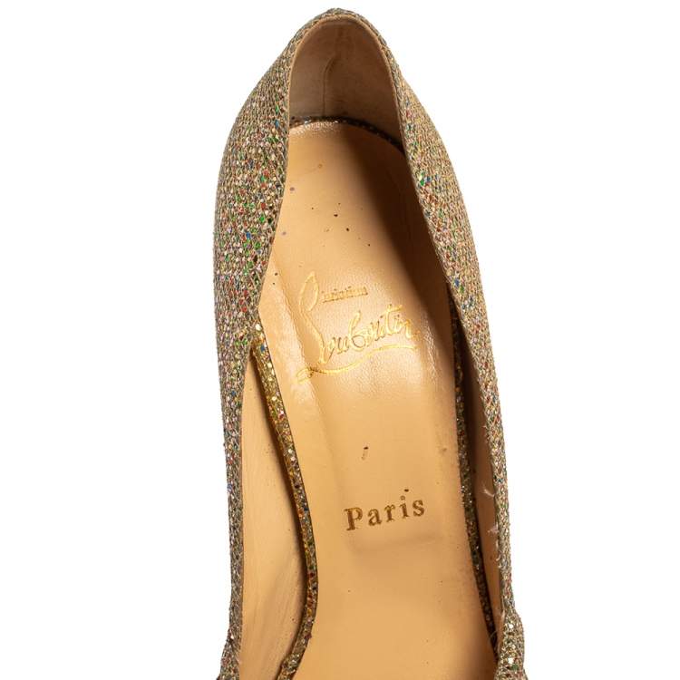 Pre Owned Christian Louboutin Metallic Gold Glitter Fabric Knotted Peep Toe Pumps Size 39