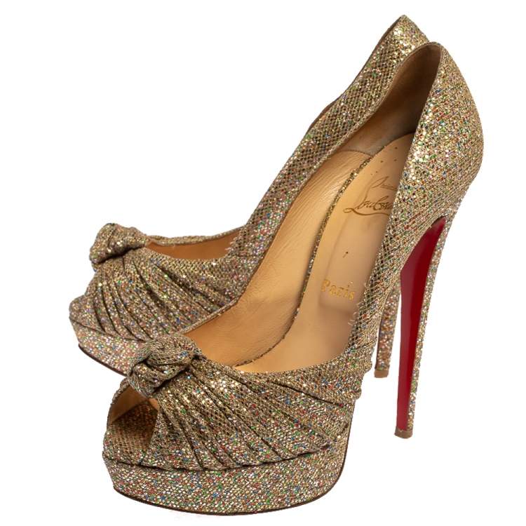 Pre Owned Christian Louboutin Metallic Gold Glitter Fabric Knotted Peep Toe Pumps Size 39