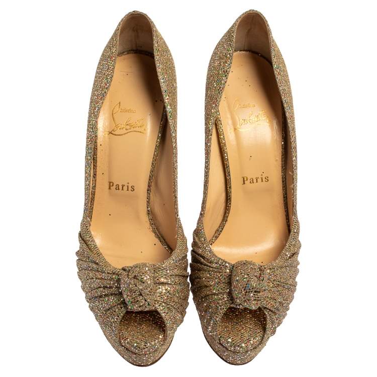 Pre Owned Christian Louboutin Metallic Gold Glitter Fabric Knotted Peep Toe Pumps Size 39