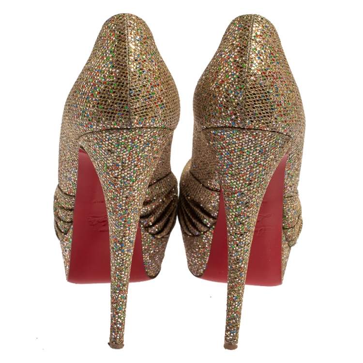 Pre Owned Christian Louboutin Metallic Gold Glitter Fabric Knotted Peep Toe Pumps Size 39
