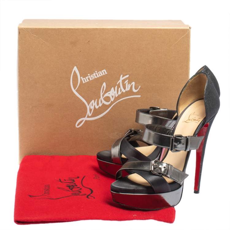 Pre Owned Christian Louboutin Black Glitter and Satin Ambertina Platform Sandals Size 39.5