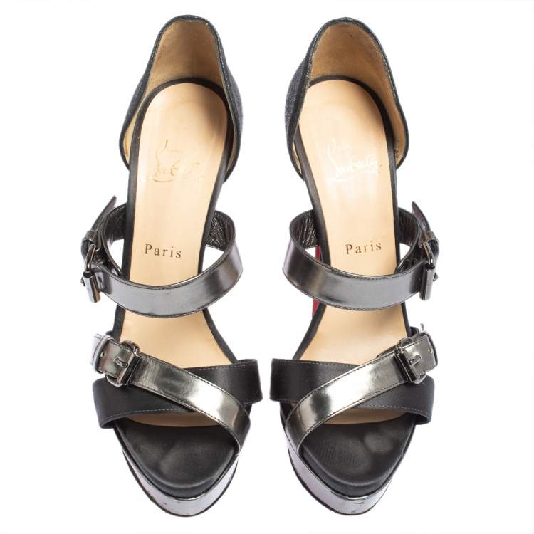Pre Owned Christian Louboutin Black Glitter and Satin Ambertina Platform Sandals Size 39.5