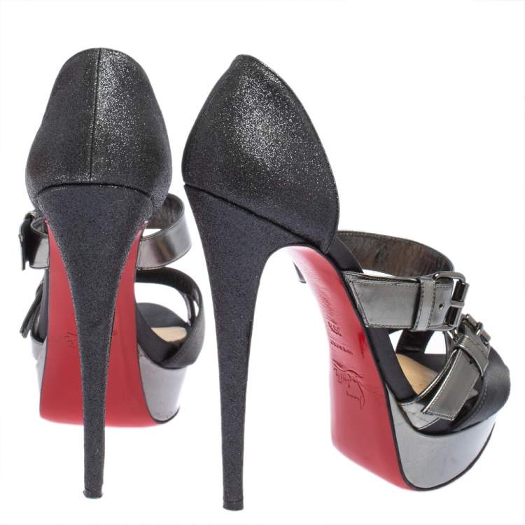 Pre Owned Christian Louboutin Black Glitter and Satin Ambertina Platform Sandals Size 39.5