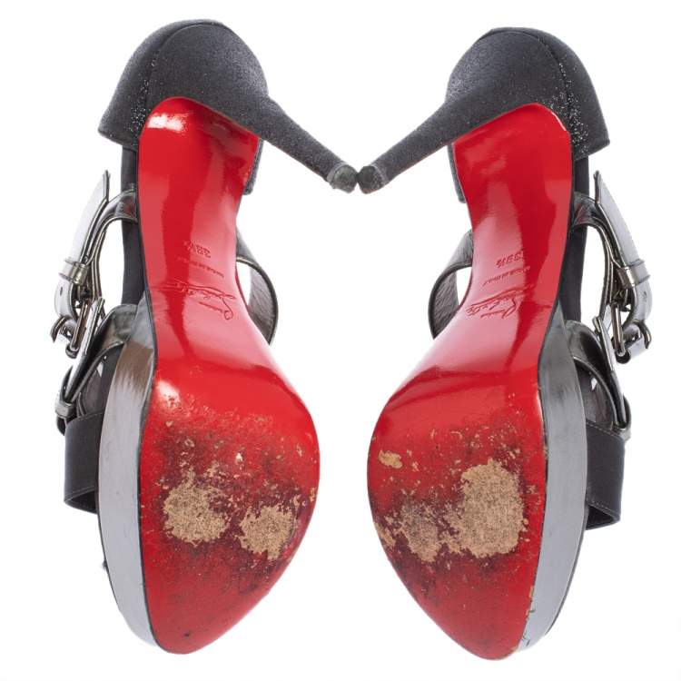 Pre Owned Christian Louboutin Black Glitter and Satin Ambertina Platform Sandals Size 39.5