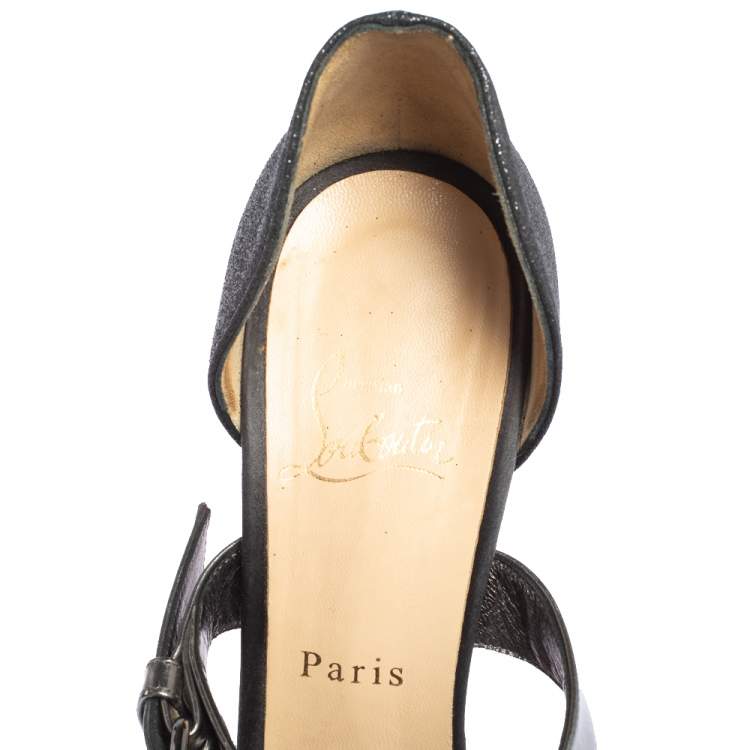 Pre Owned Christian Louboutin Black Glitter and Satin Ambertina Platform Sandals Size 39.5