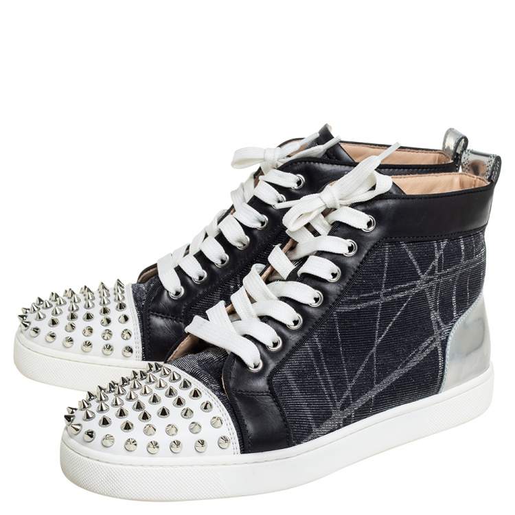 Pre Owned Christian Louboutin Metallic Mesh and Leather Lou Spikes Sneakers Size 40