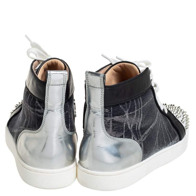 Pre Owned Christian Louboutin Metallic Mesh and Leather Lou Spikes Sneakers Size 40