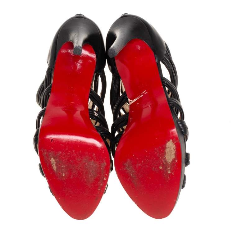 Pre Owned Christian Louboutin Black Leather Strappy Open Toe Ankle Bootie Size 38.5