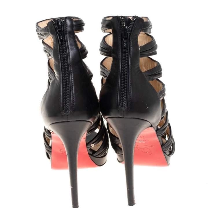 Pre Owned Christian Louboutin Black Leather Strappy Open Toe Ankle Bootie Size 38.5