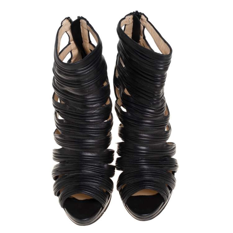 Pre Owned Christian Louboutin Black Leather Strappy Open Toe Ankle Bootie Size 38.5