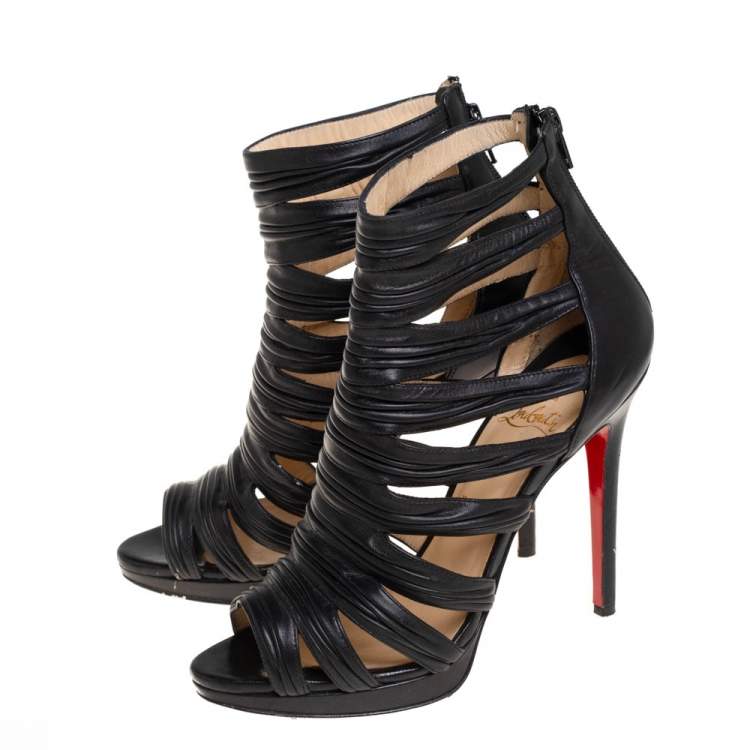 Pre Owned Christian Louboutin Black Leather Strappy Open Toe Ankle Bootie Size 38.5