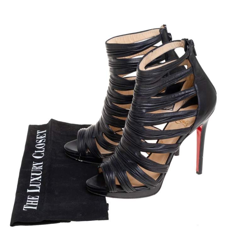 Pre Owned Christian Louboutin Black Leather Strappy Open Toe Ankle Bootie Size 38.5