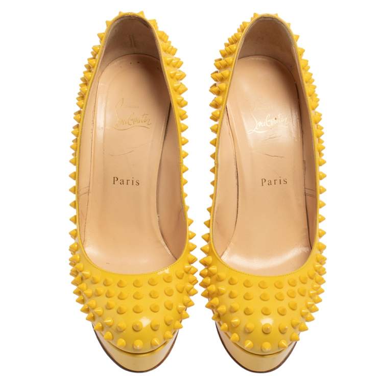 Pre Owned Christian Louboutin Yellow Patent Leather Bianca Spike Platform Pumps Size 39