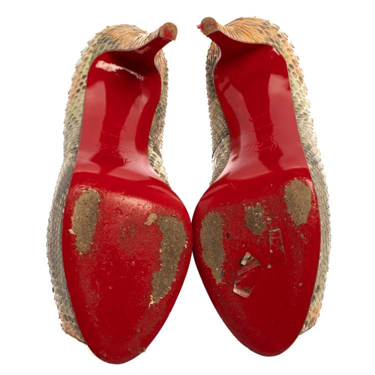 Pre Owned Christian Louboutin Two Tone Python New Very Prive Peep Toe Pumps Size 38.5