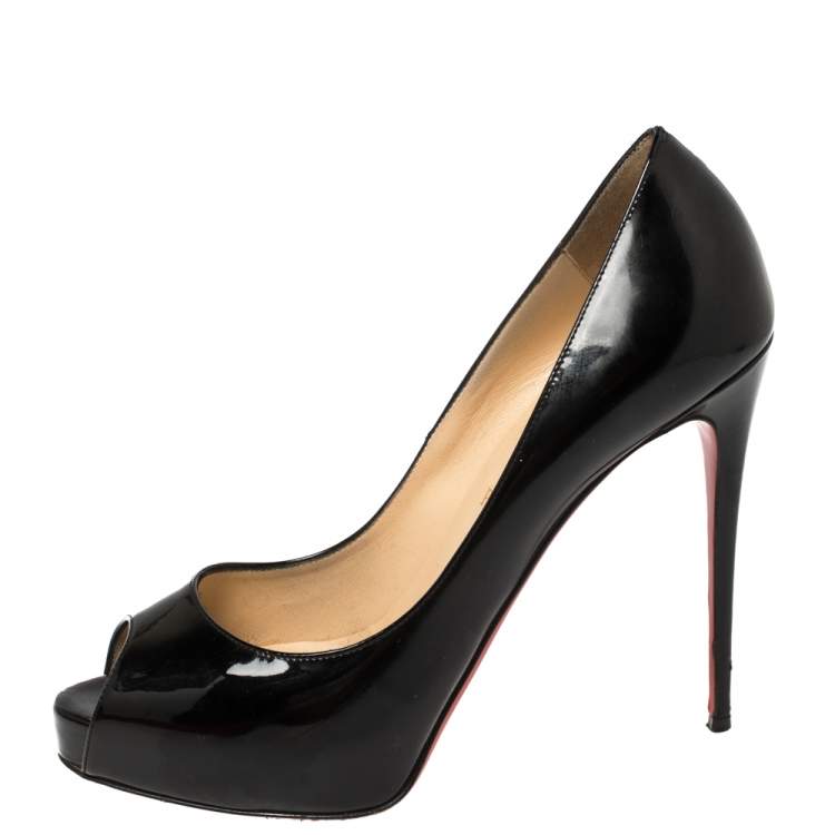Christian Louboutin Pumps Prive Black Peep Toe Patent Leather Shoes 38.5  Heels
