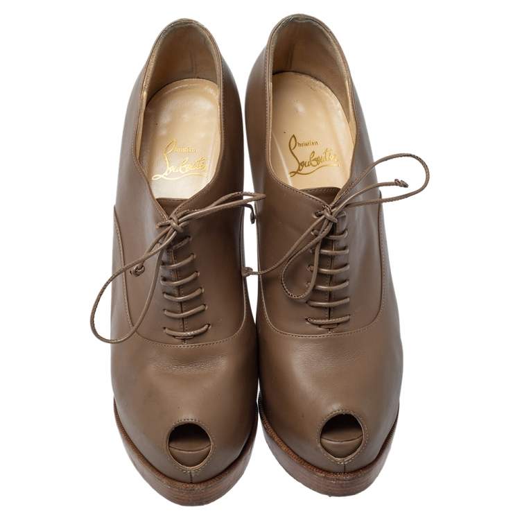 Pre Owned Christian Louboutin Brown Leather Miss Poppins Lace Up Peep Toe Platform Booties Size 40