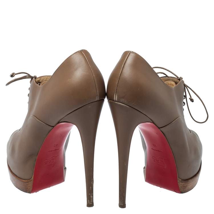 Pre Owned Christian Louboutin Brown Leather Miss Poppins Lace Up Peep Toe Platform Booties Size 40