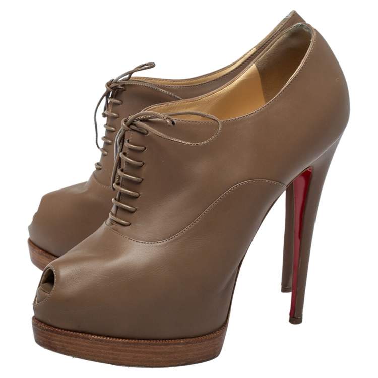 Pre Owned Christian Louboutin Brown Leather Miss Poppins Lace Up Peep Toe Platform Booties Size 40