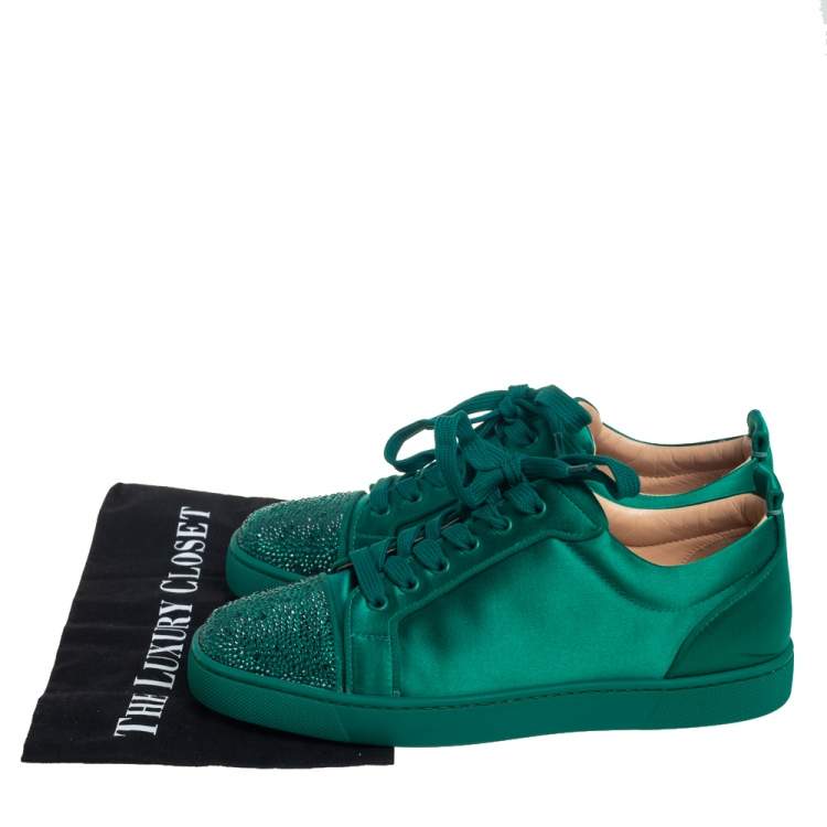 Pre Owned Christian Louboutin Green Satin Louis Junior Orlato Strass Low Top Sneakers Size 42