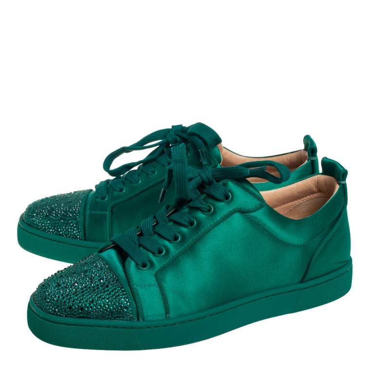 Pre Owned Christian Louboutin Green Satin Louis Junior Orlato Strass Low Top Sneakers Size 42
