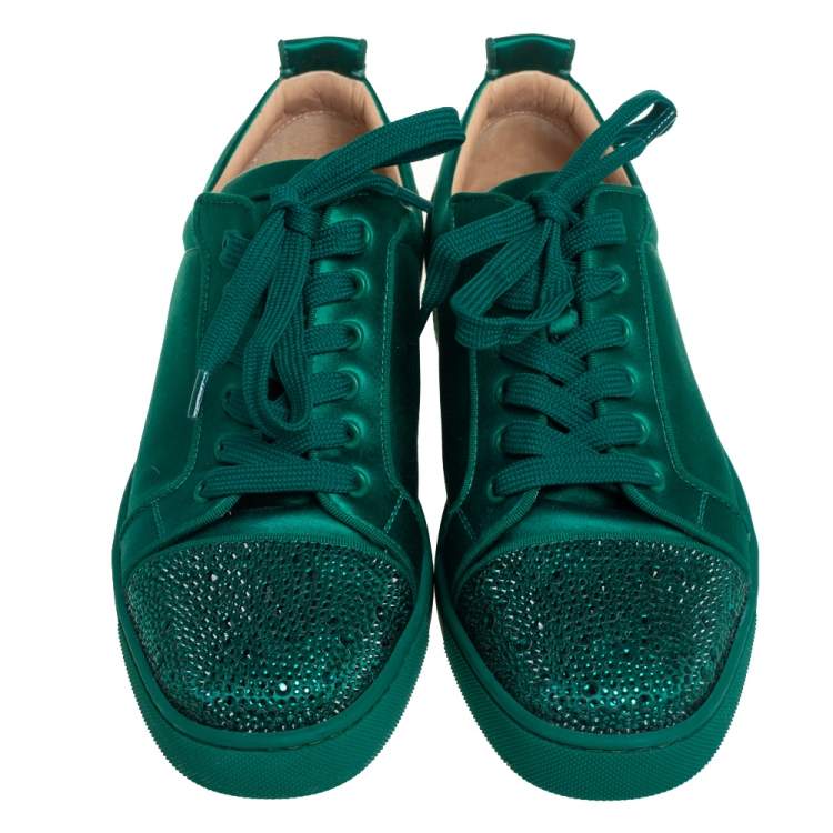 Pre Owned Christian Louboutin Green Satin Louis Junior Orlato Strass Low Top Sneakers Size 42