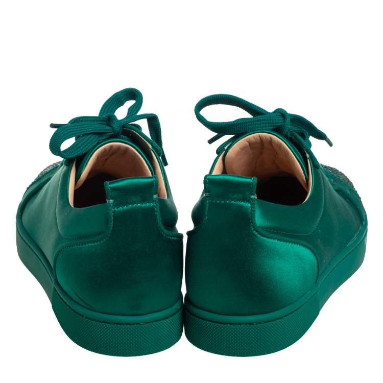 Pre Owned Christian Louboutin Green Satin Louis Junior Orlato Strass Low Top Sneakers Size 42