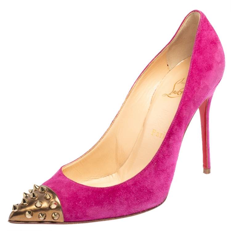 Christian Louboutin Pink Suede Geo Spike Studded Cap Toe Pumps Size 38. ...