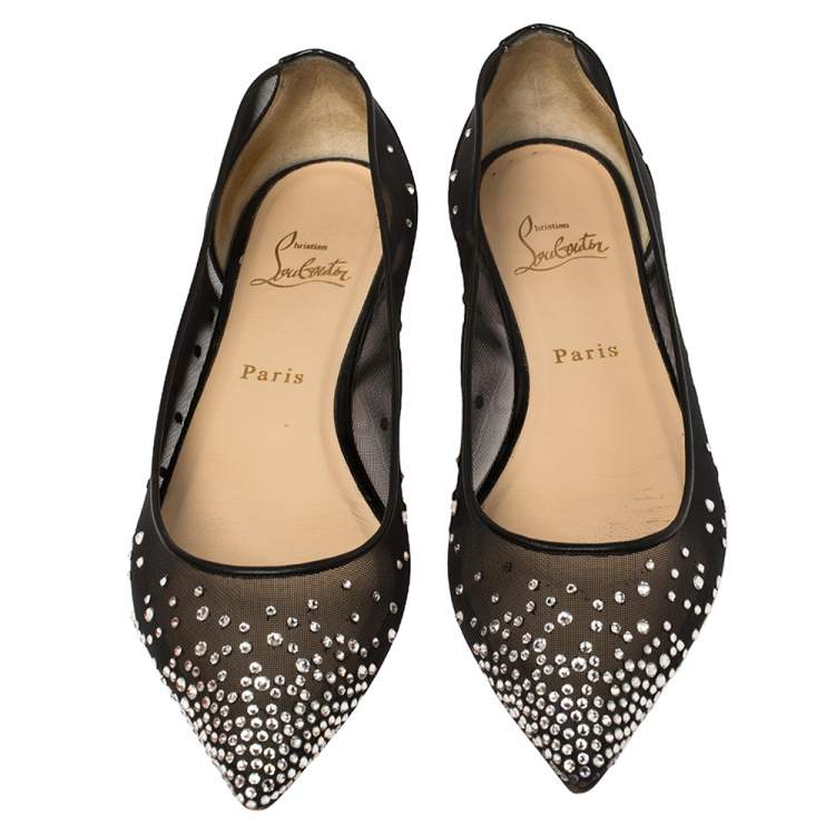 Pre Owned Christian Louboutin Black Mesh and Patent Leather Body Strass Ballet Flats Size 39