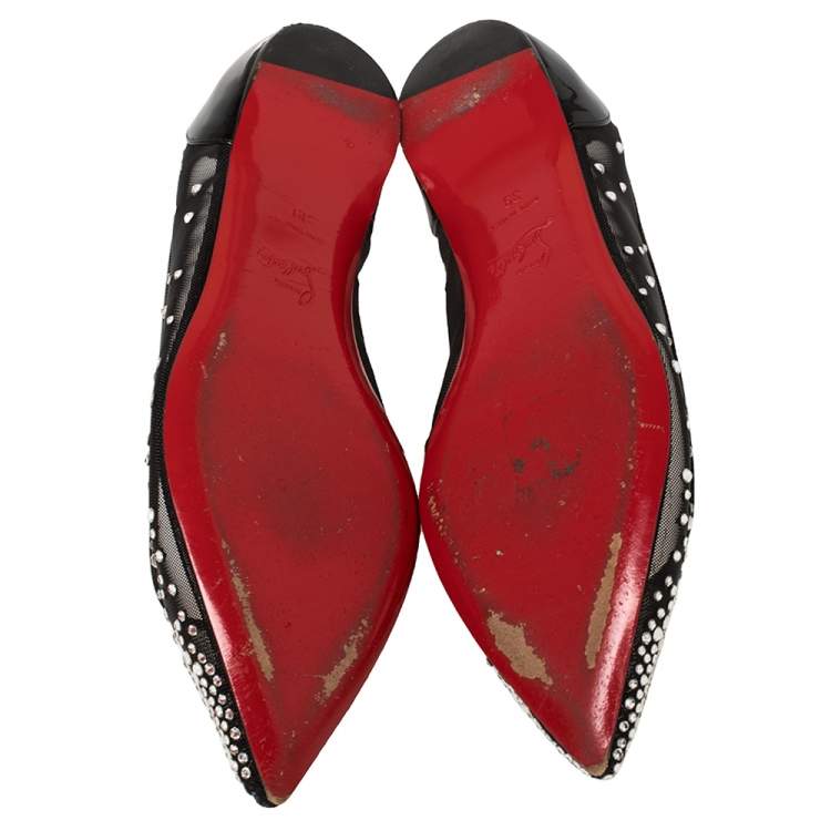 Pre Owned Christian Louboutin Black Mesh and Patent Leather Body Strass Ballet Flats Size 39