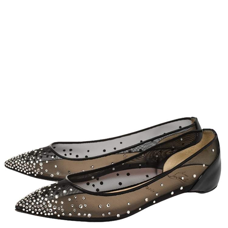 Pre Owned Christian Louboutin Black Mesh and Patent Leather Body Strass Ballet Flats Size 39