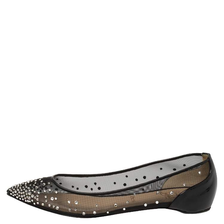 Pre Owned Christian Louboutin Black Mesh and Patent Leather Body Strass Ballet Flats Size 39