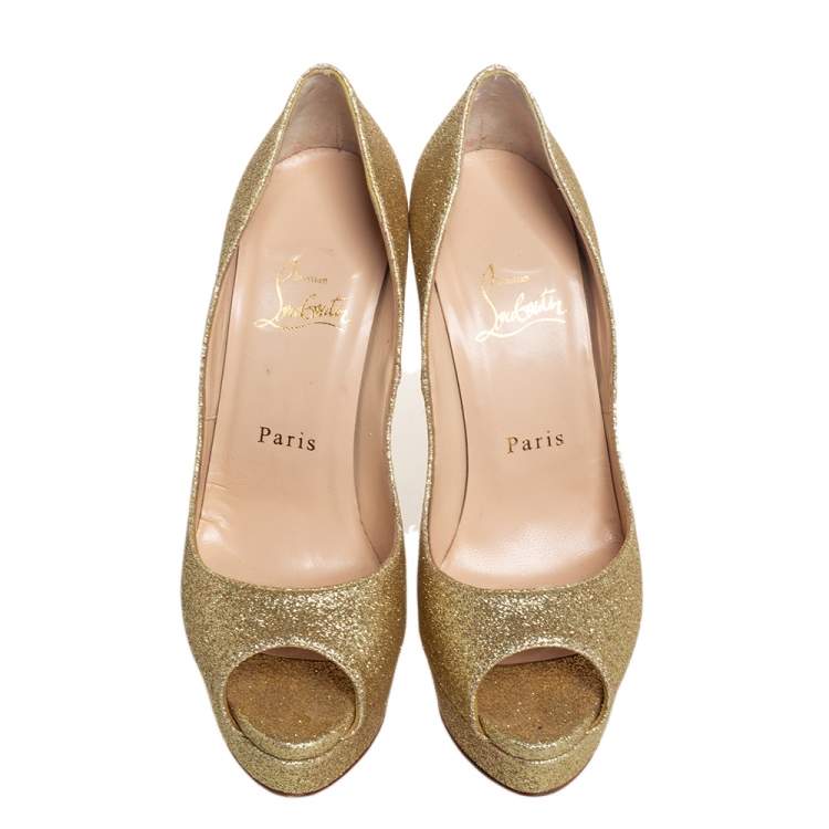 Pre Owned Christian Louboutin Gold Glitter Lady Peep Toe Platform Pumps Size 36.5