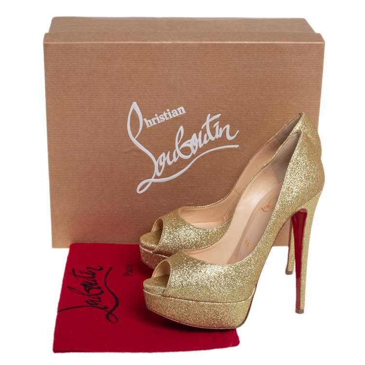Pre Owned Christian Louboutin Gold Glitter Lady Peep Toe Platform Pumps Size 36.5