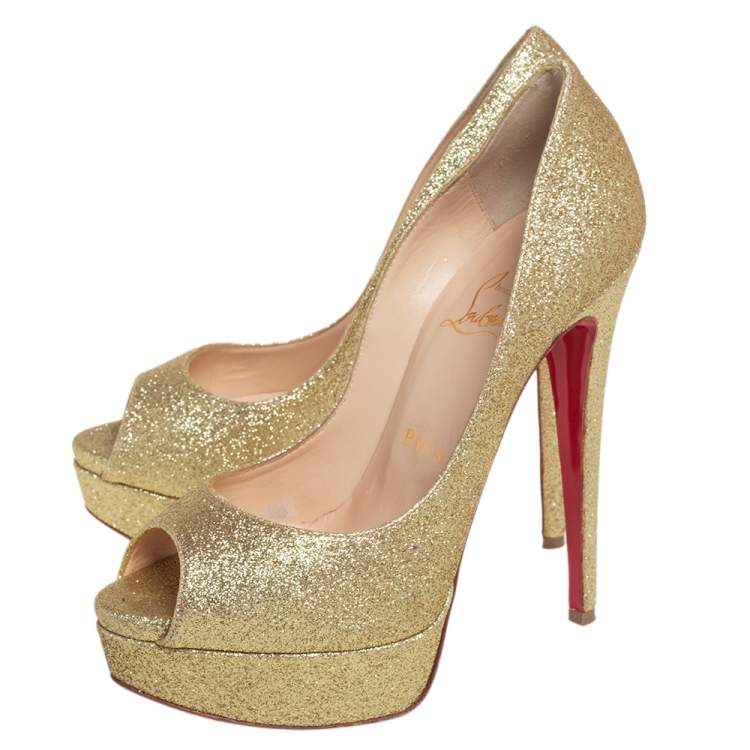 Pre Owned Christian Louboutin Gold Glitter Lady Peep Toe Platform Pumps Size 36.5