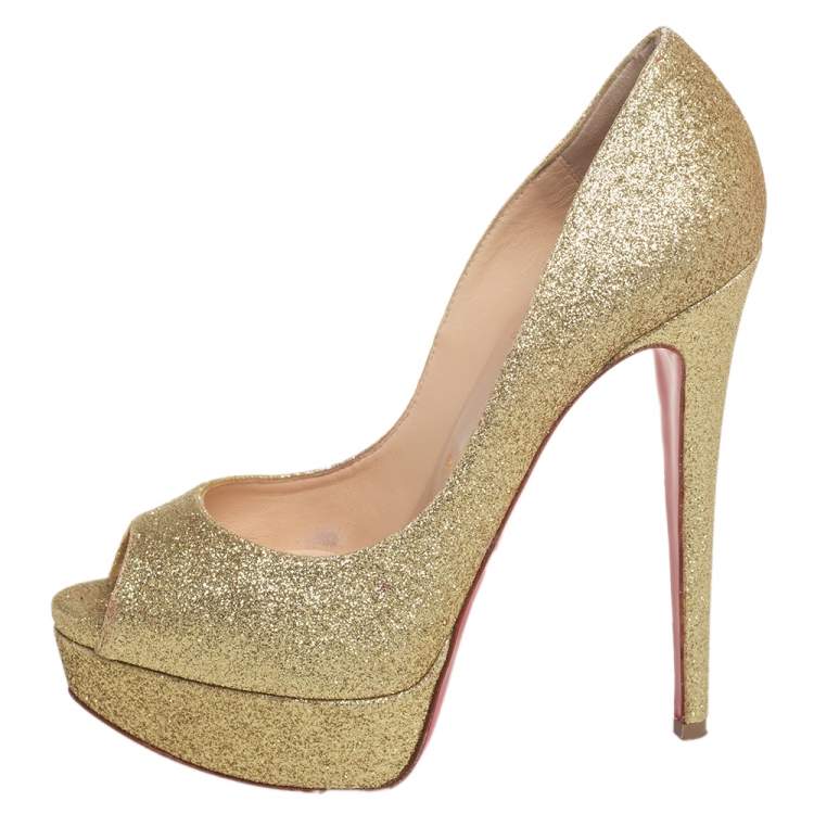 Pre Owned Christian Louboutin Gold Glitter Lady Peep Toe Platform Pumps Size 36.5