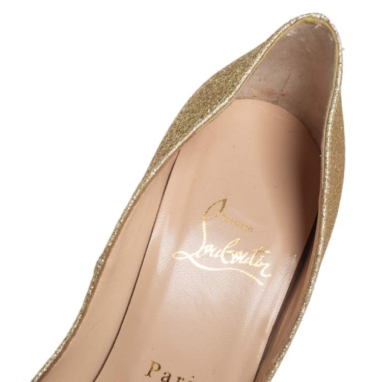 Pre Owned Christian Louboutin Gold Glitter Lady Peep Toe Platform Pumps Size 36.5