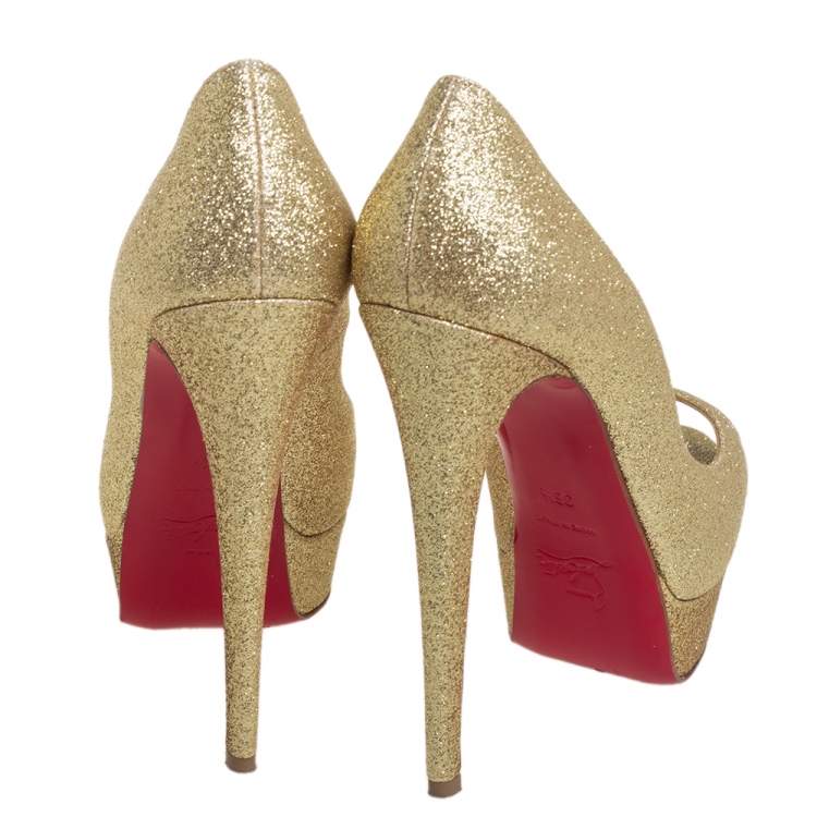 Pre Owned Christian Louboutin Gold Glitter Lady Peep Toe Platform Pumps Size 36.5