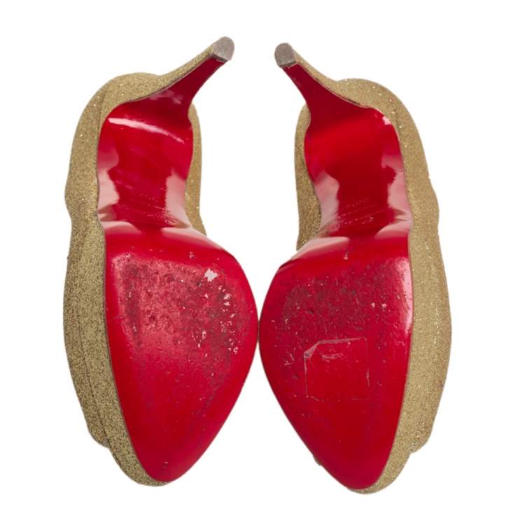 Pre Owned Christian Louboutin Gold Glitter Lady Peep Toe Platform Pumps Size 36.5