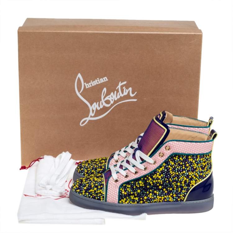 Pre Owned Christian Louboutin Multicolor Mesh And Patent Leather Crystal Embellished High Top Sneakers Size 39