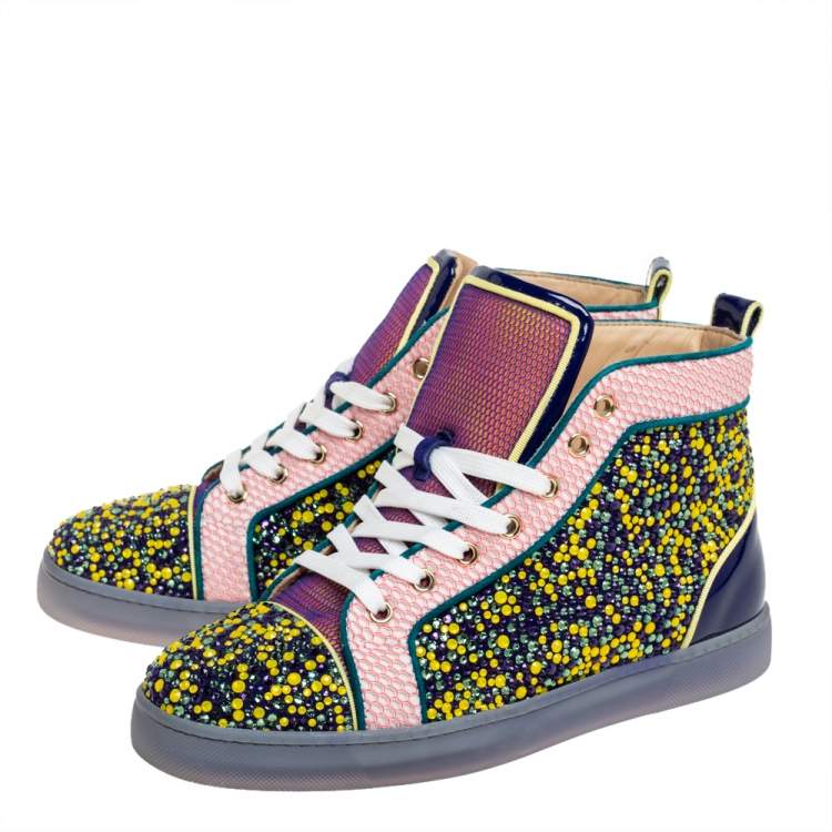 Pre Owned Christian Louboutin Multicolor Mesh And Patent Leather Crystal Embellished High Top Sneakers Size 39
