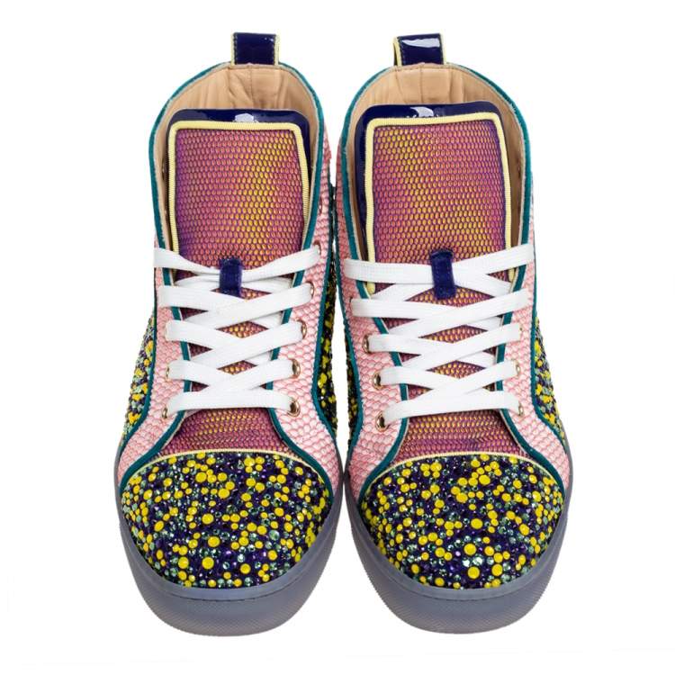 Pre Owned Christian Louboutin Multicolor Mesh And Patent Leather Crystal Embellished High Top Sneakers Size 39