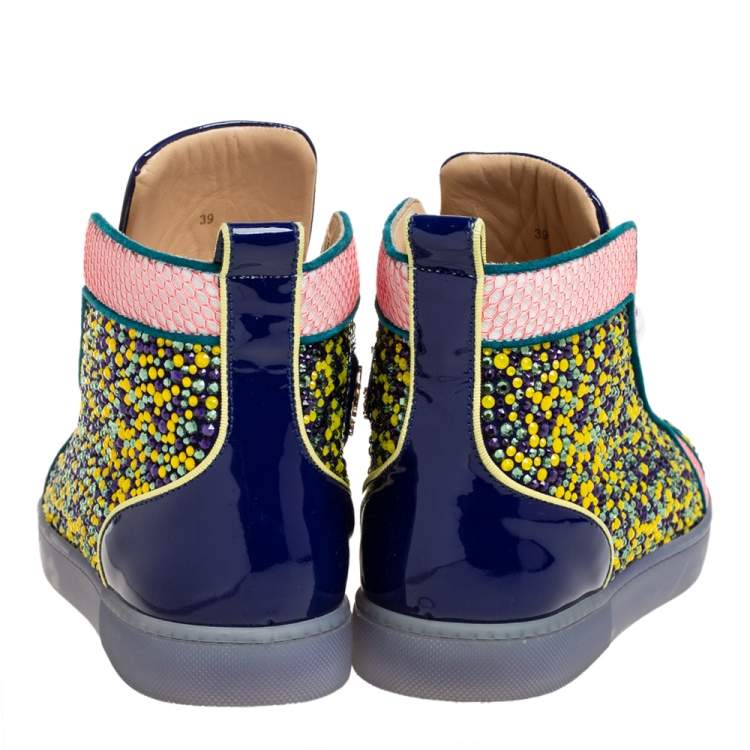 Pre Owned Christian Louboutin Multicolor Mesh And Patent Leather Crystal Embellished High Top Sneakers Size 39