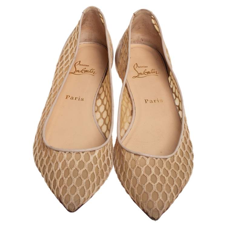 Pre Owned Christian Louboutin  Beige Leather And Mesh Ballet Flats Size 39