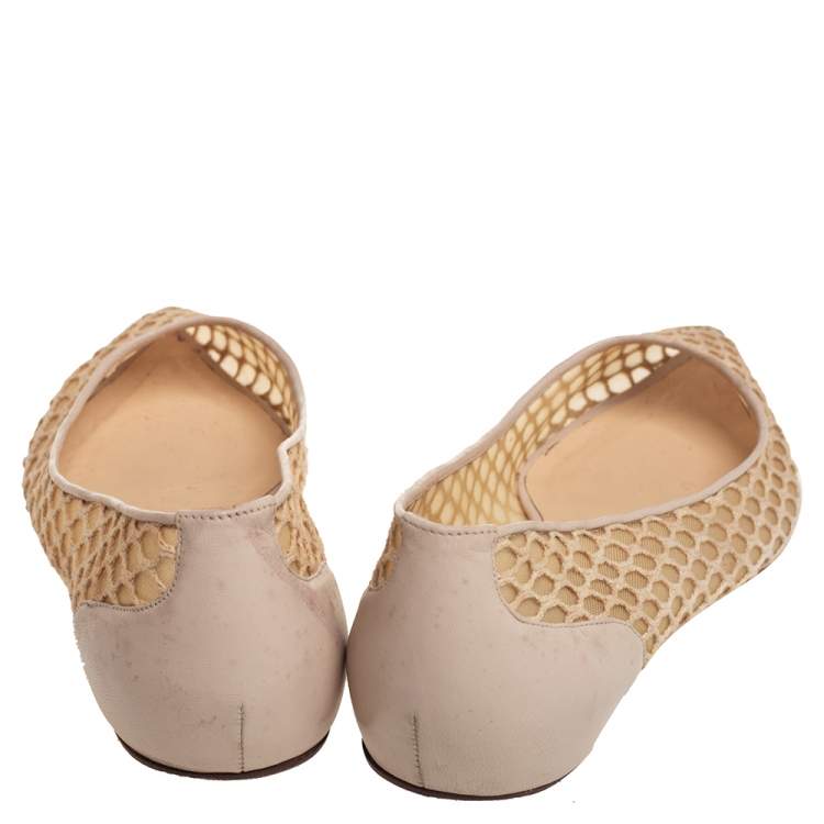 Pre Owned Christian Louboutin  Beige Leather And Mesh Ballet Flats Size 39