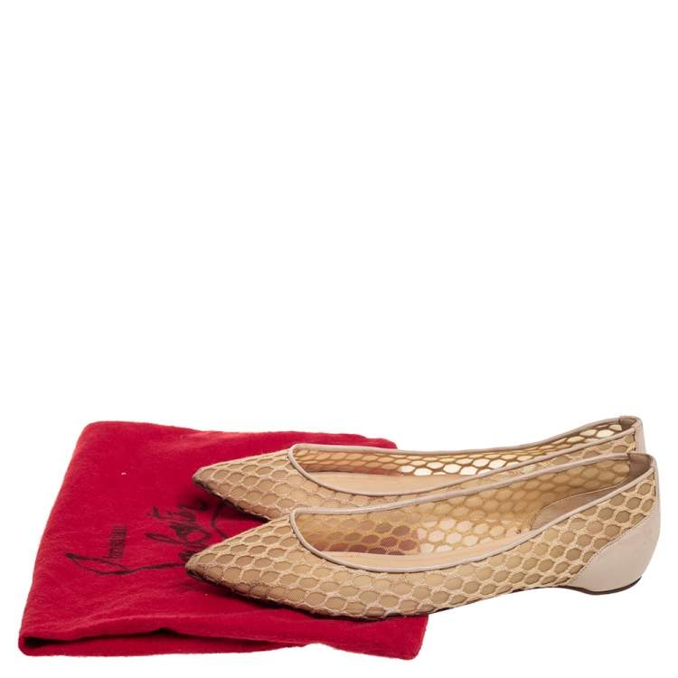 Pre Owned Christian Louboutin  Beige Leather And Mesh Ballet Flats Size 39