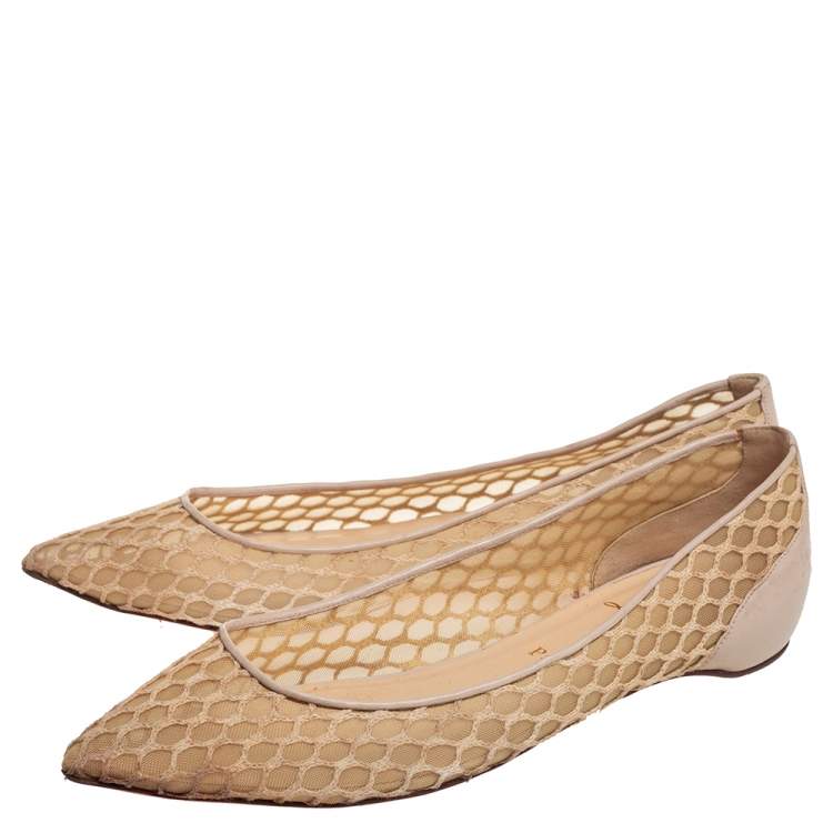 Pre Owned Christian Louboutin  Beige Leather And Mesh Ballet Flats Size 39
