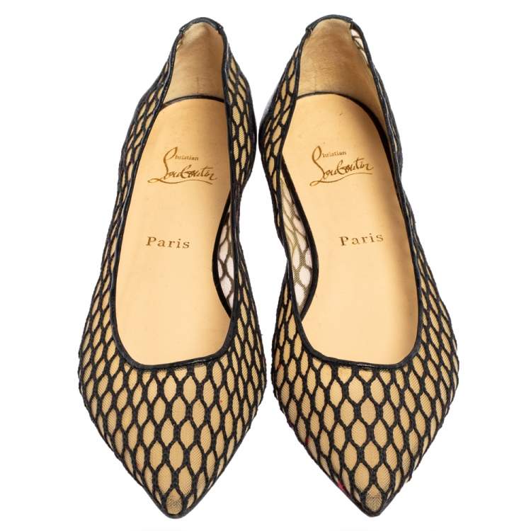 Pre Owned Christian Louboutin Black Mesh And Leather Pigaresille Pointed Toe Ballet Flats Size 39