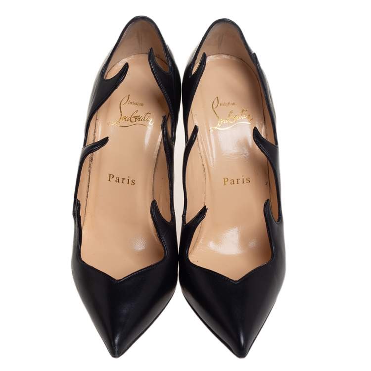 Pre Owned Christian Louboutin Black Leather Olavague Flame Pointed Toe Pumps Size 36.5