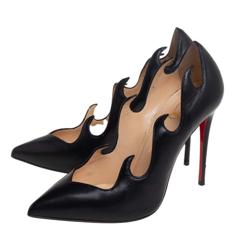 Pre Owned Christian Louboutin Black Leather Olavague Flame Pointed Toe Pumps Size 36.5