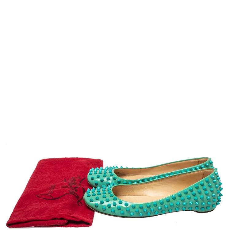 Pre Owned Christian Louboutin Green Patent Leather Spikes Ballet Flats Size 36.5